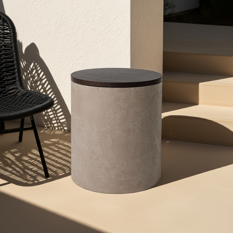 Noční stolek z mikrobetonu s kamennou deskou a dřevěným vrchním povrchem. Stylový design ideální pro moderní venkovní i vnitřní prostory.