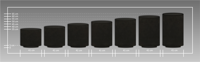 Technický nákres kolekce válcových mikrobetonových odkládacích stolků v barvě carbon, s vyznačenými rozměry průměru 41 cm a výškami od 35 cm do 65 cm.