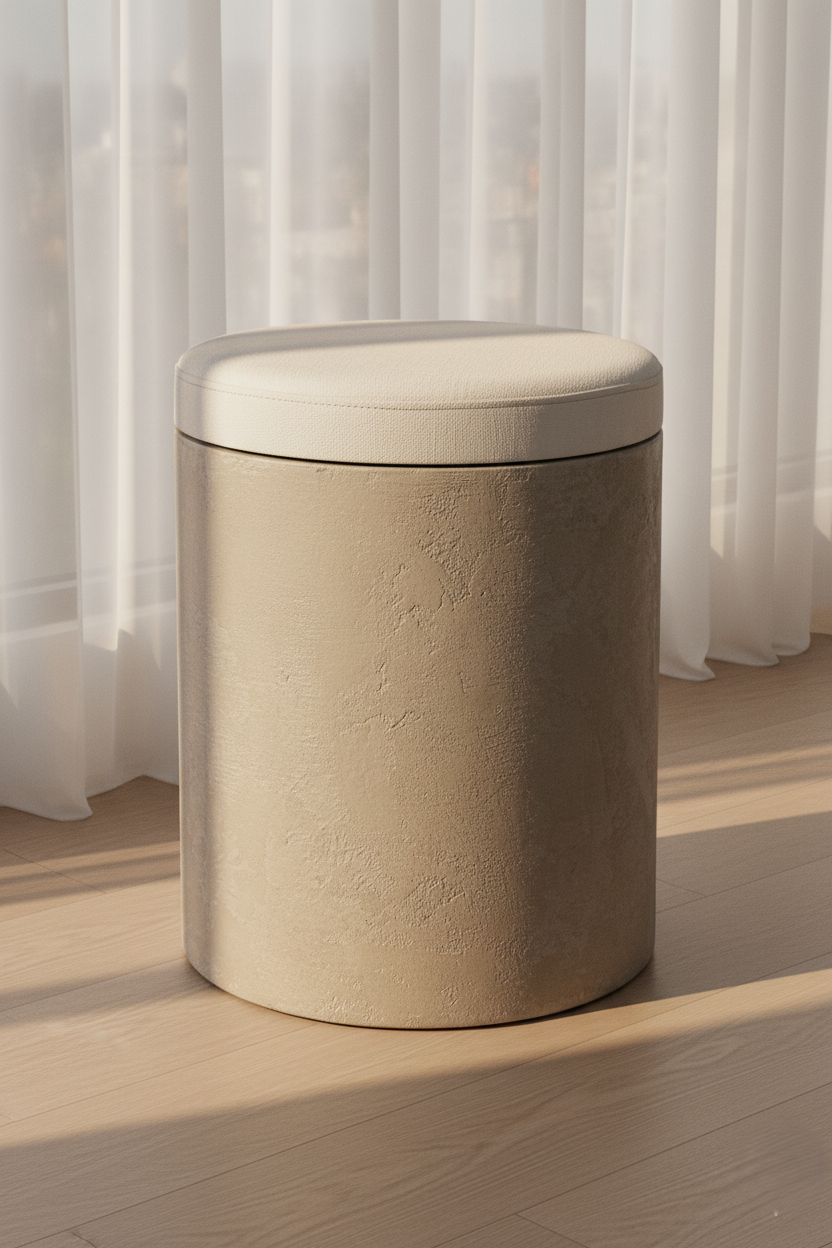 Mikrobetonový taburet s polštářem | Lehký odkládací a noční stolek (Ø 41 cm)