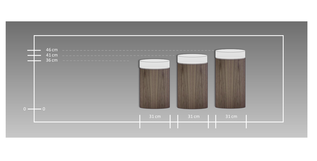 Betoniq válcový stolek s kamennou deskou, průměr 31 cm – výšky 36/41/46 cm, ilustrační velikostní přehled