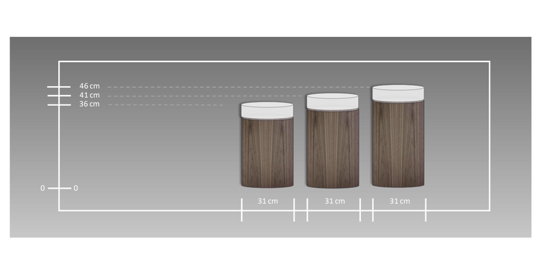 Betoniq válcový stolek s kamennou deskou, průměr 31 cm – výšky 36/41/46 cm, ilustrační velikostní přehled