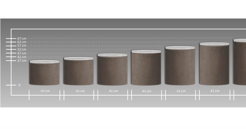 Betoniq betonový kulatý stolek, průměr 41 cm – přehled výšek 35–65 cm, velikostní tabulka