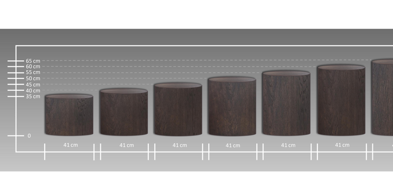 Betoniq betonový kulatý stolek, průměr 41 cm – přehled výšek 35–65 cm, velikostní tabulka