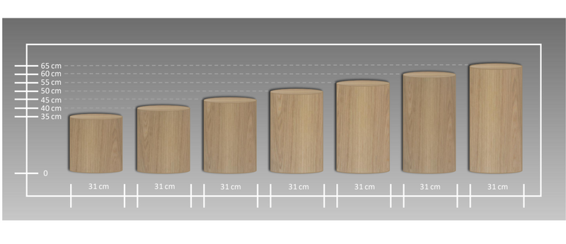 Betoniq betonový kulatý stolek, průměr 31 cm – přehled výšek 35–65 cm, velikostní tabulka
