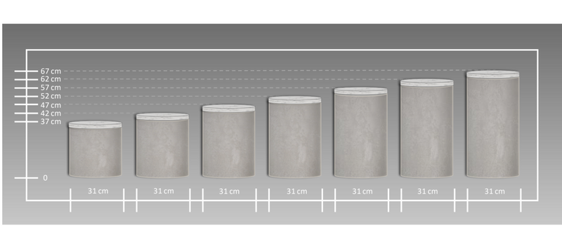 Betoniq betonový kulatý stolek, průměr 31 cm – přehled výšek 35–65 cm, velikostní tabulka
