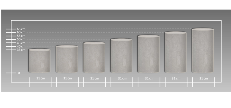 Betoniq betonový kulatý stolek, průměr 31 cm – přehled výšek 35–65 cm, velikostní tabulka