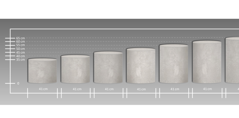 Betoniq betonový kulatý stolek, průměr 41 cm – přehled výšek 35–65 cm, velikostní tabulka