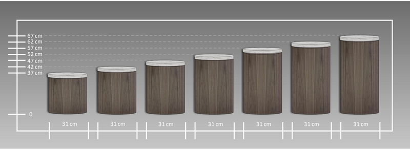 Sada dřevěných odkládacích stolků v různých výškách od 37 do 67 cm, kulatý design s průměrem 31 cm pro moderní interiér