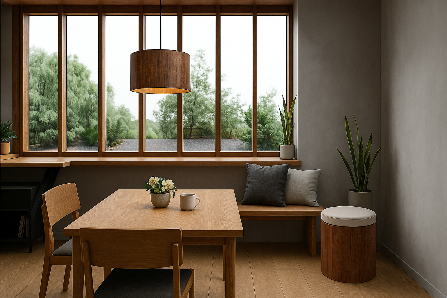 Moderní minimalistická jídelna s dřevěným nábytkem, velkými okny poskytujícími přirozené světlo a stylovým dekorem, včetně dřevěného stolu, dvou šálků a květinových rostlin, vytvářející útulnou a příjemnou atmosféru