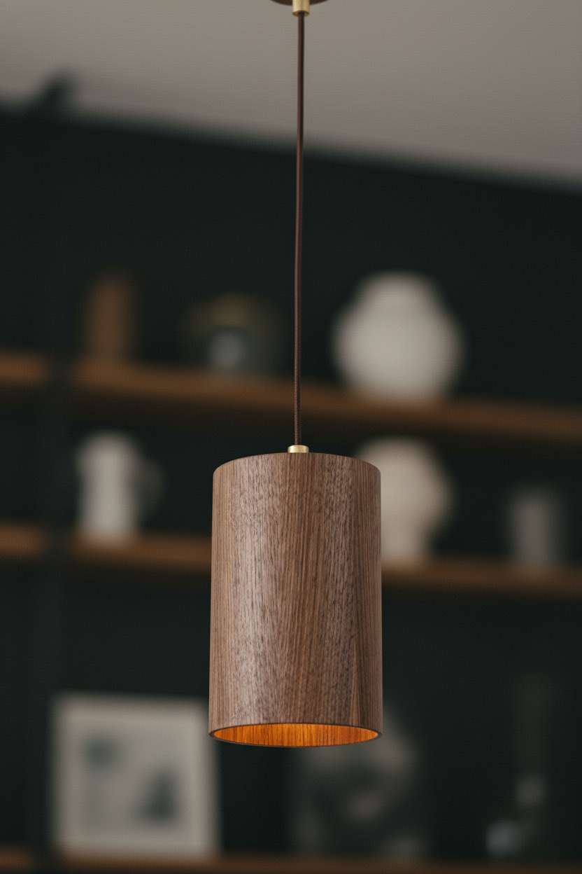 Závěsná lampa z tmavého dřeva, minimalistické osvětlení, útulný industriální design, hřejivý efekt