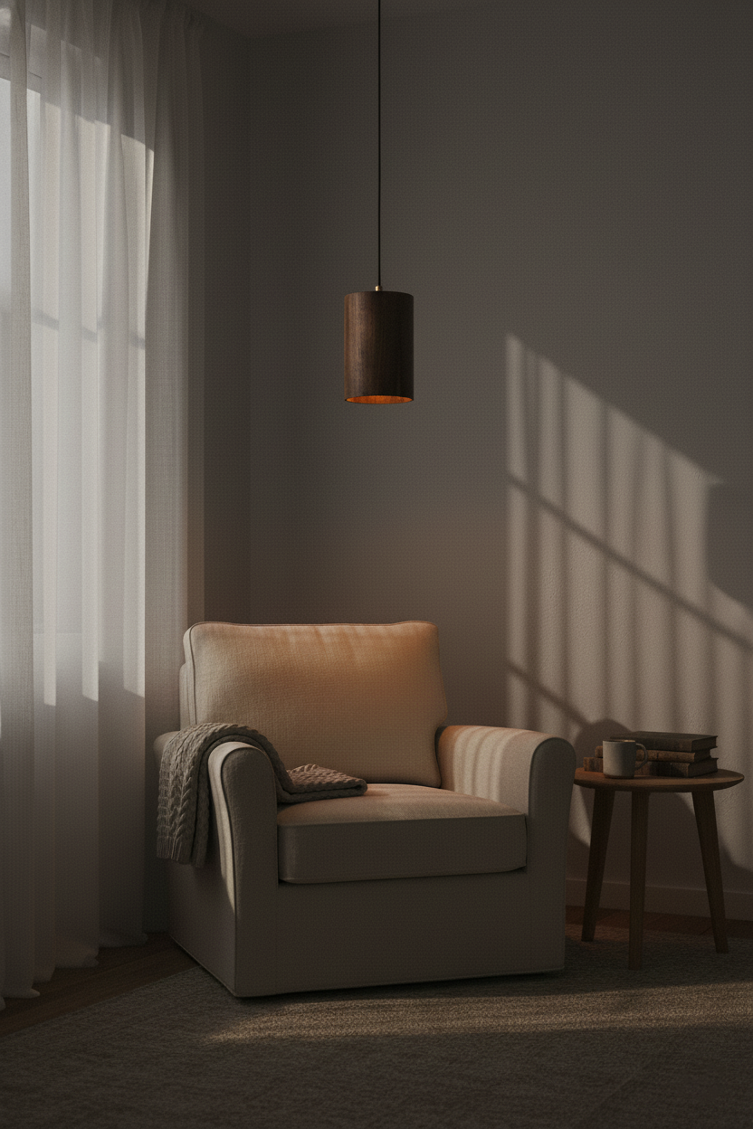 Závěsná lampa z tmavého dřeva, teplé osvětlení pro čtecí koutek, minimalistický design, útulný industriální styl