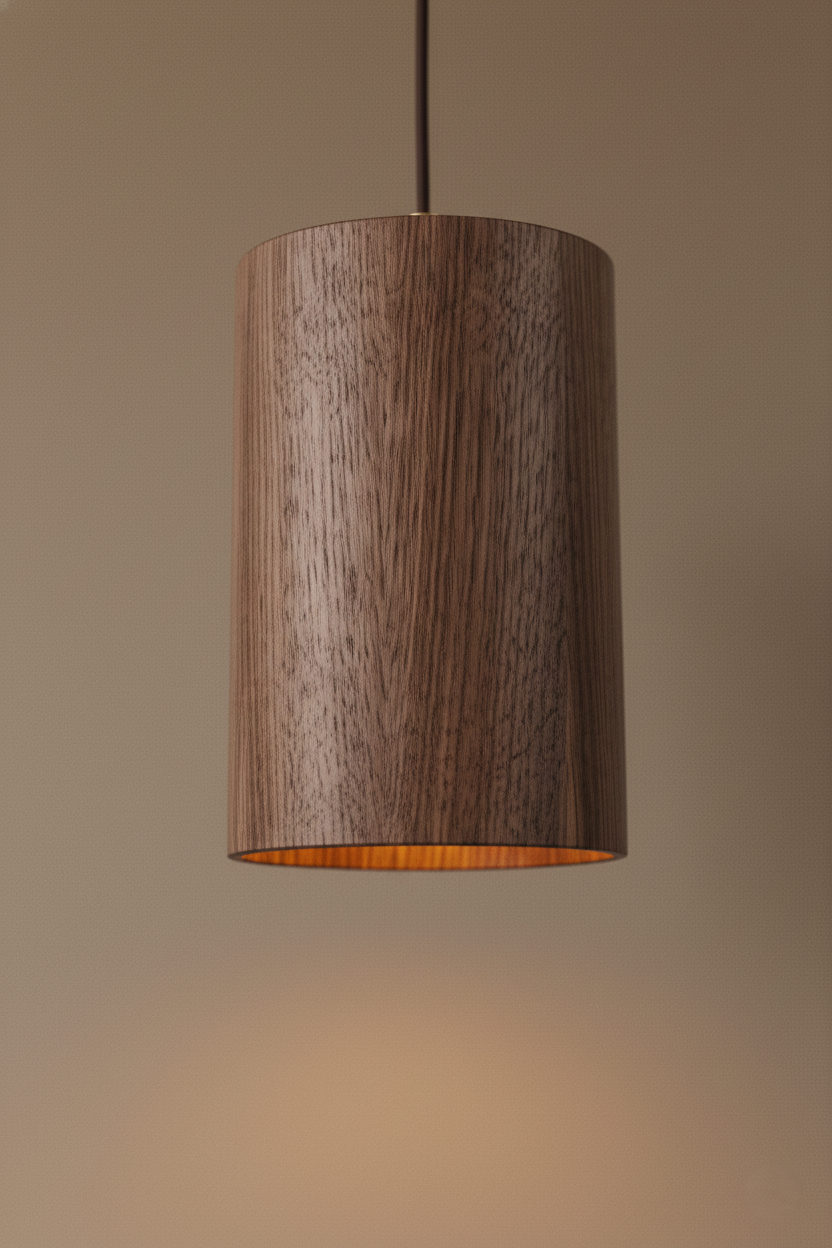 Závěsná lampa z ořechového dřeva, minimalistický design, zdůrazněná teplá kresba dřeva, industriální osvětlení