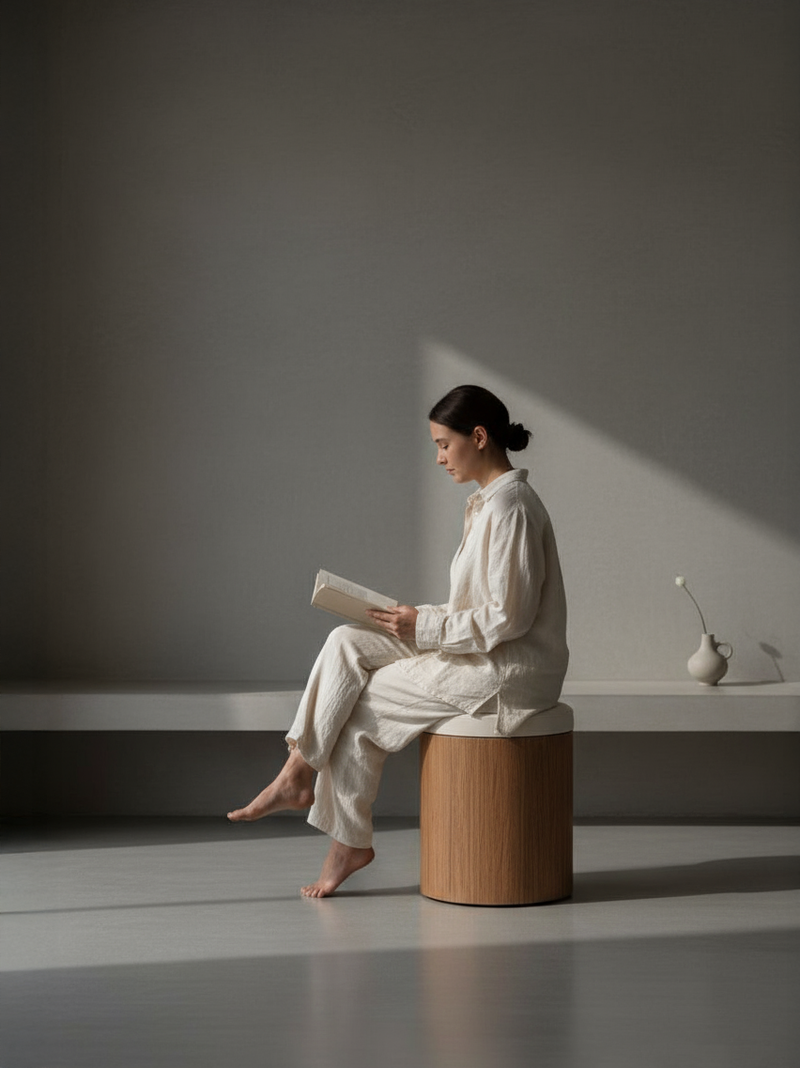 Dřevěný taburet s polštářem | Lehký noční a odkládací stolek (Ø 31 cm)