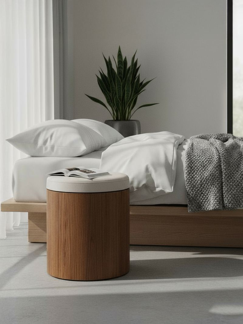 Dřevěný taburet s polštářem | Lehký noční a odkládací stolek (Ø 31 cm)