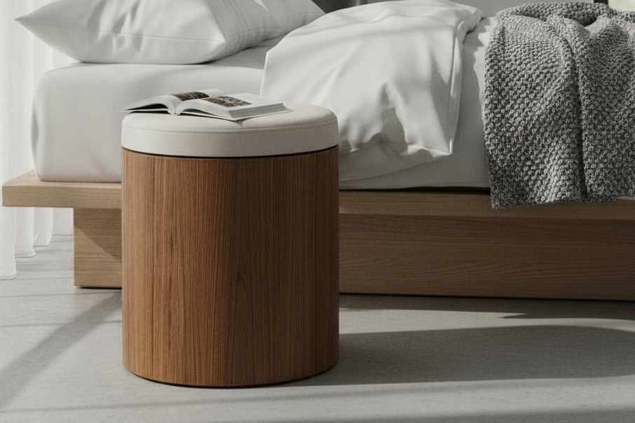 Multifunkční noční stolek z ořechového dřeva, ruční výroba, nadčasový design, odkládací taburet