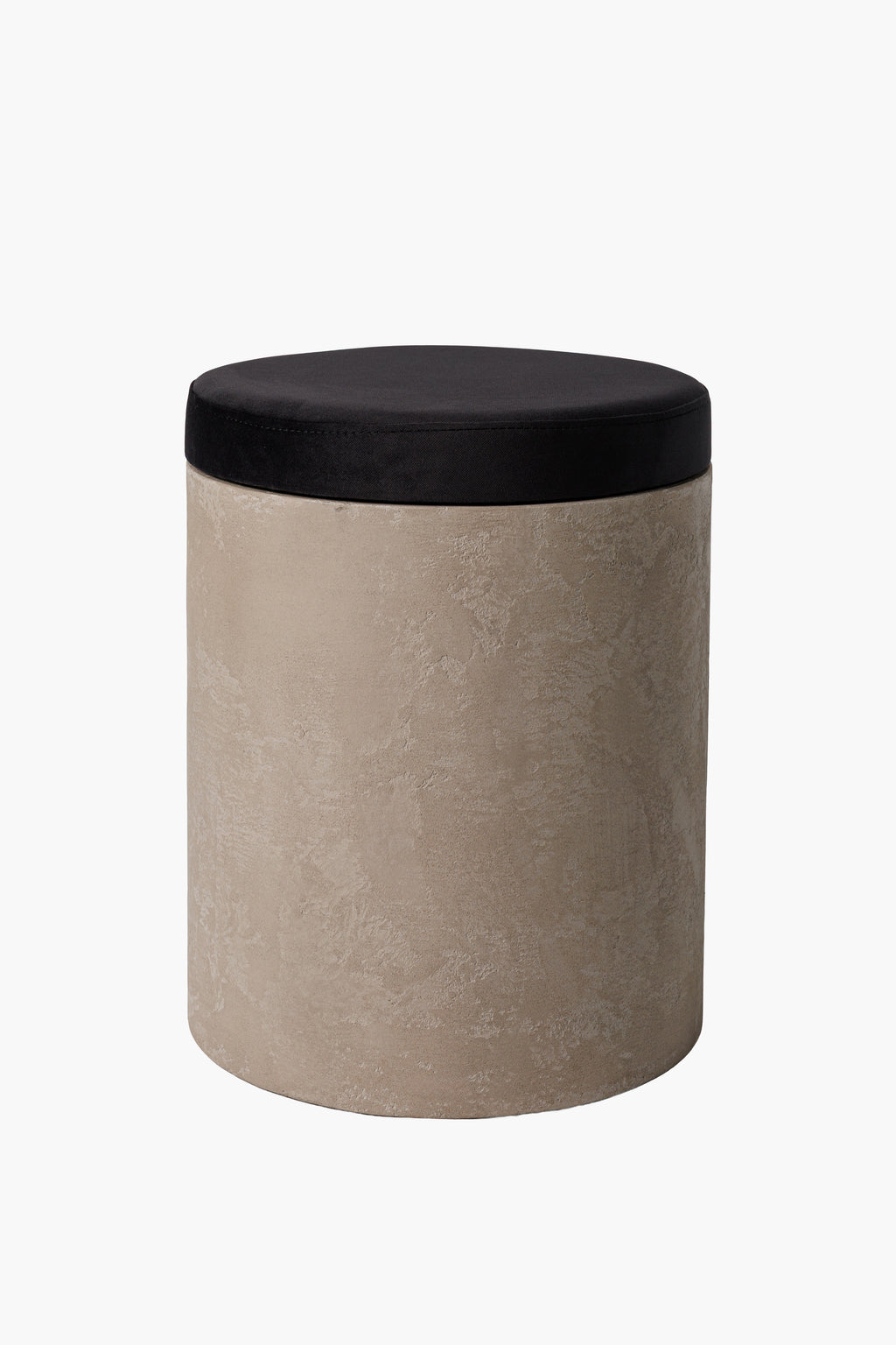 Kulatý dřevěný taburet ze světlého mikrobetonu s látkovým sedákem, moderní minimalistický nábytek do obýváku a ložnice“