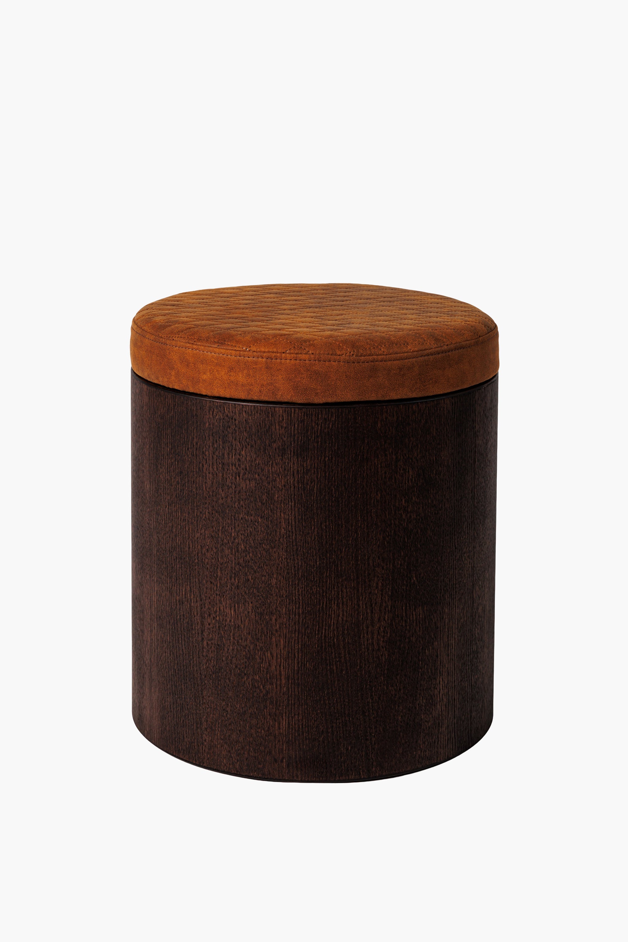 Moderní taburet z černého dřeva s kulatým látkovým sedákem, minimalistický designový nábytek do obýváku a ložnice.