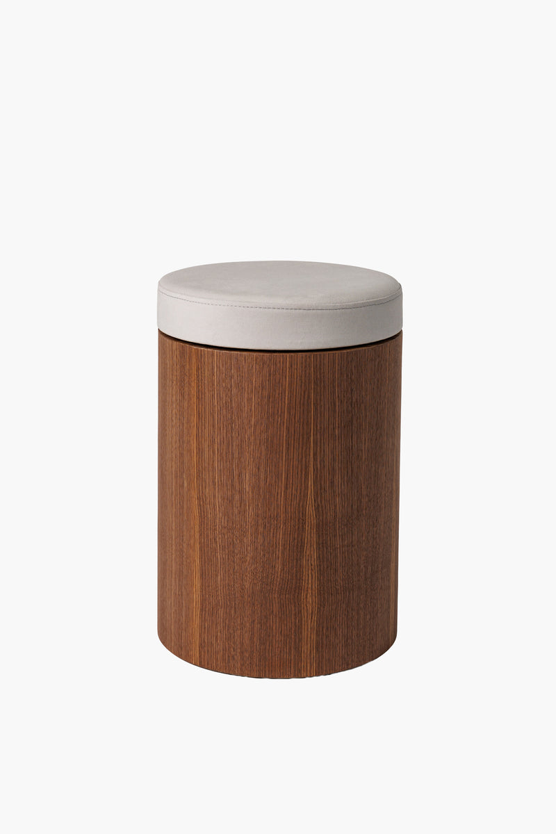 Kulatý dřevěný taburet z ořechového dřeva s látkovým sedákem, moderní minimalistický nábytek do obýváku a ložnice“