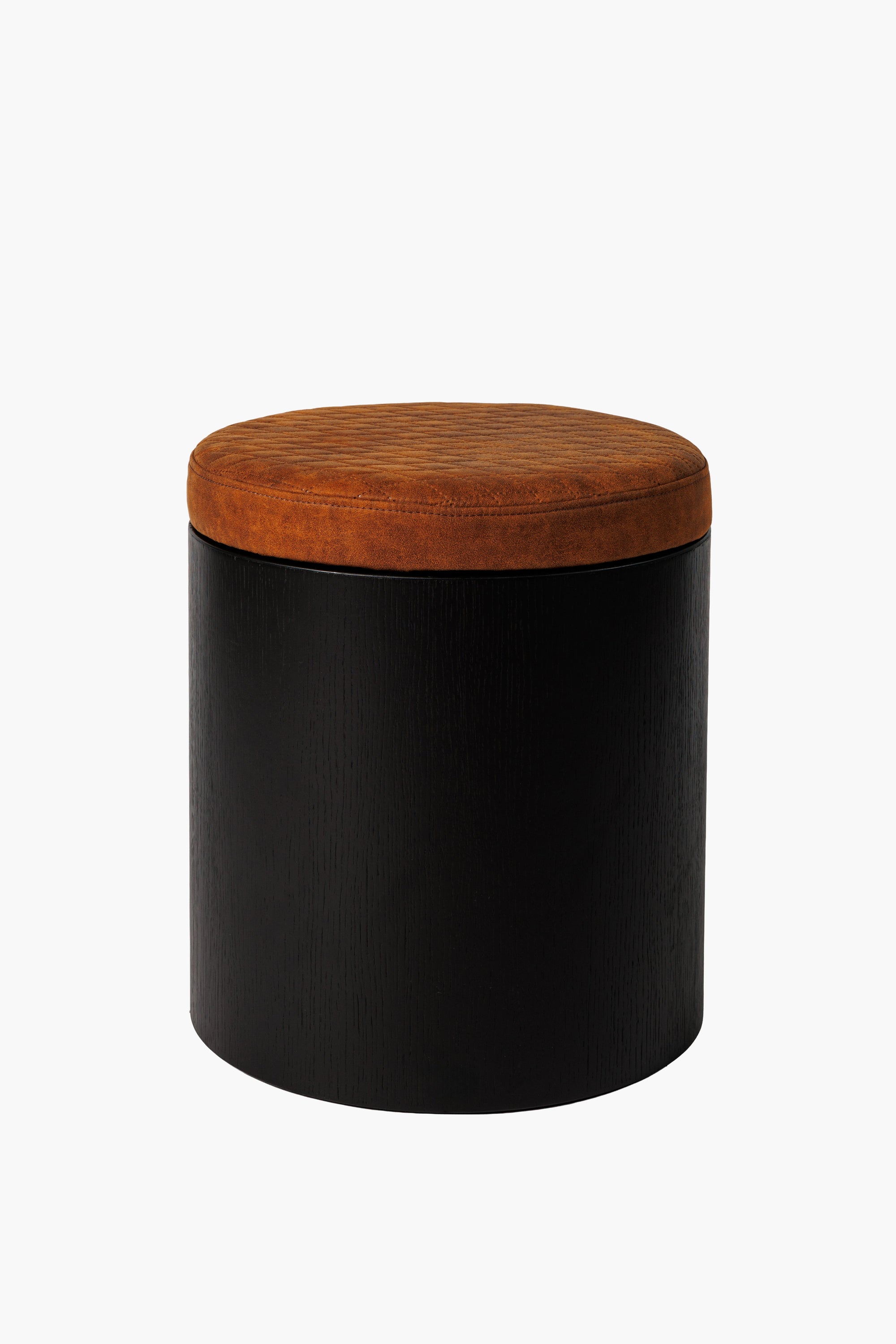 Moderní taburet z černého dřeva s kulatým látkovým sedákem, minimalistický designový nábytek do obýváku a ložnice.