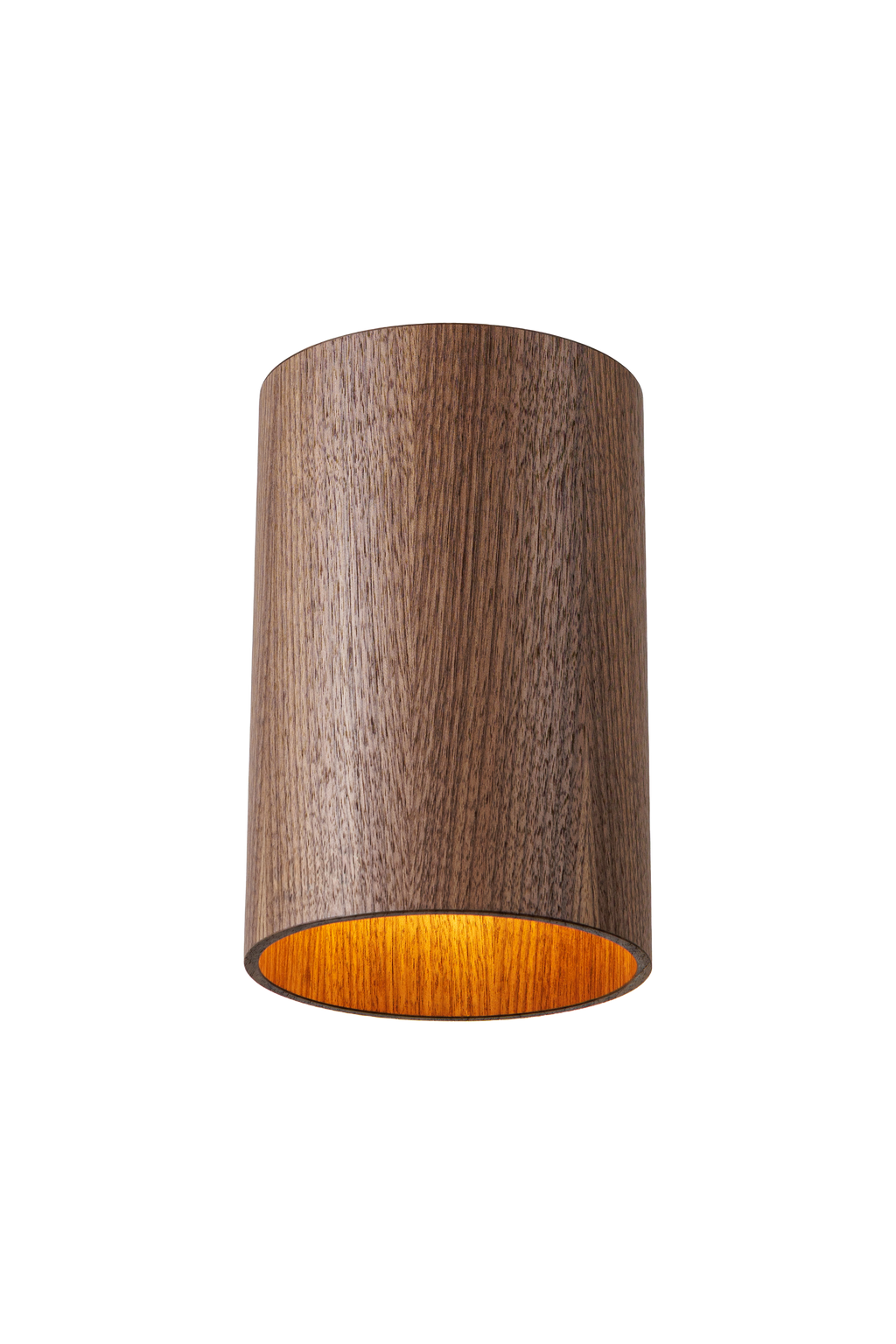 Stropní dřevěné svítidlo válcového tvaru v moderním industriálním stylu, bez difuzoru, s přímým směrovým světlem a minimalistickým designem vhodným pro obývací pokoj, kuchyň i kancelářské prostory.