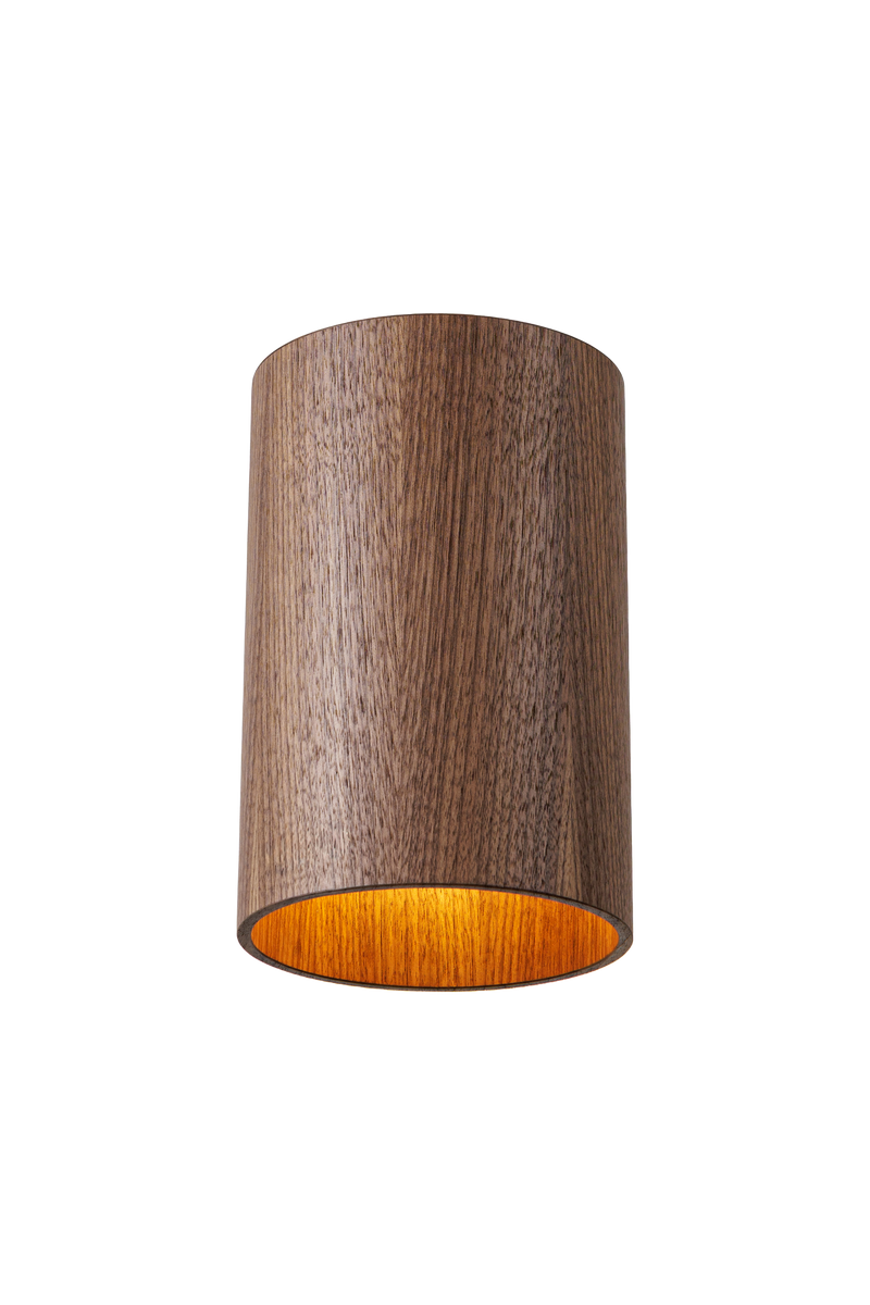 Stropní dřevěné svítidlo válcového tvaru v moderním industriálním stylu, bez difuzoru, s přímým směrovým světlem a minimalistickým designem vhodným pro obývací pokoj, kuchyň i kancelářské prostory.