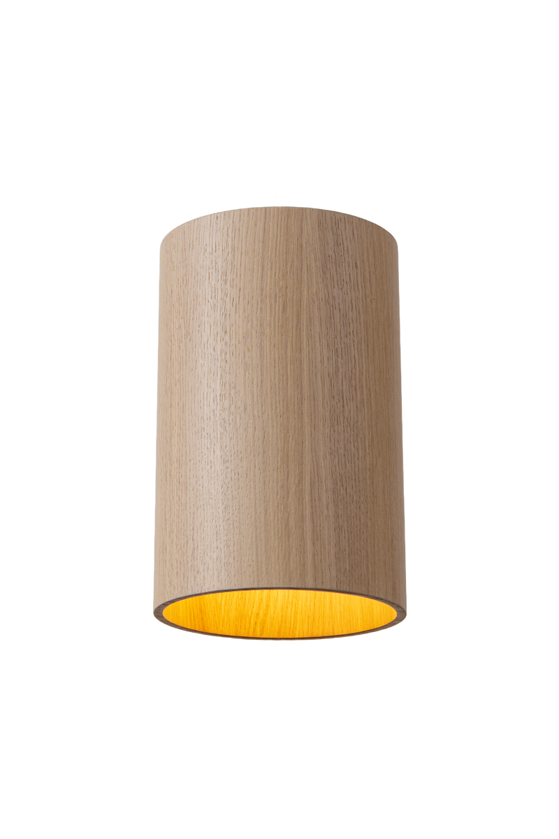 Stropní dřevěné svítidlo válcového tvaru v moderním industriálním stylu, bez difuzoru, s přímým směrovým světlem a minimalistickým designem vhodným pro obývací pokoj, kuchyň i kancelářské prostory.