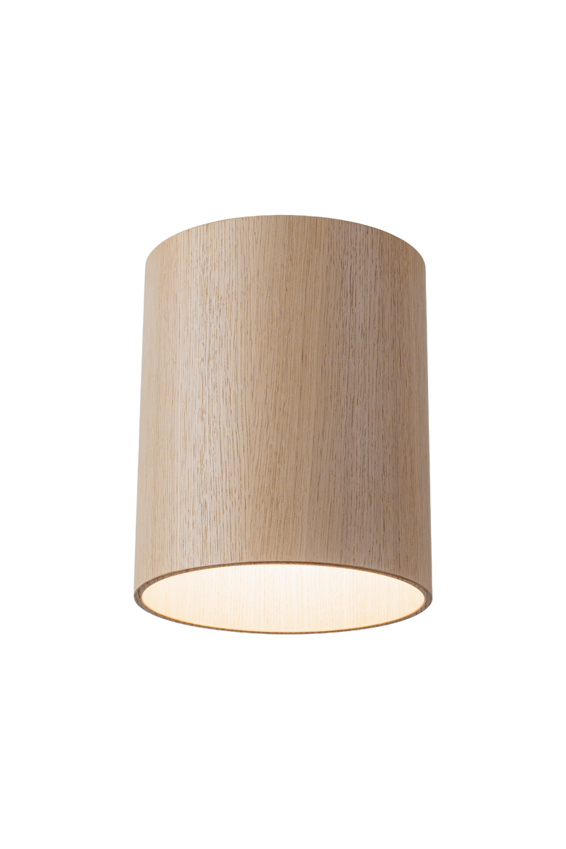 Stropní dřevěné svítidlo válcového tvaru v moderním industriálním stylu, bez difuzoru, s přímým směrovým světlem a minimalistickým designem vhodným pro obývací pokoj, kuchyň i kancelářské prostory.
