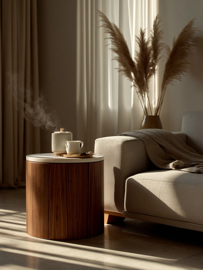 Dřevěný stolek s kamennou deskou | Ruční výroba s minimalistickým designem (Ø 41 cm)